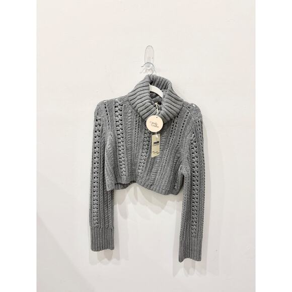 NWT Camila Coelho Daria Cable Knit Turtleneck Cropped Sweater Gray Women's XS - Picture 3 of 7